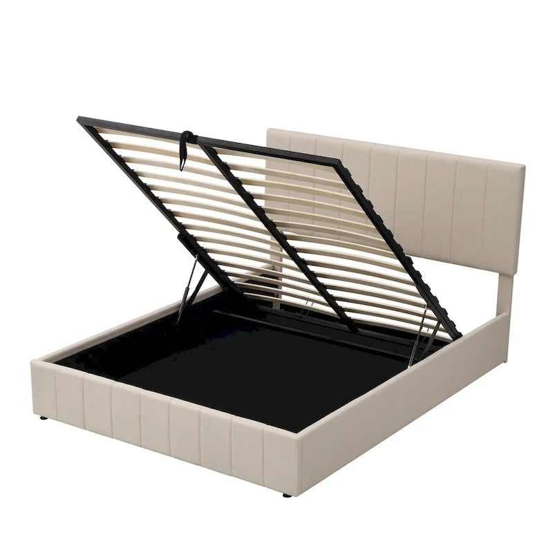 Queen size Upholstered Platform bed with a Hydraulic Storage System - Beige
