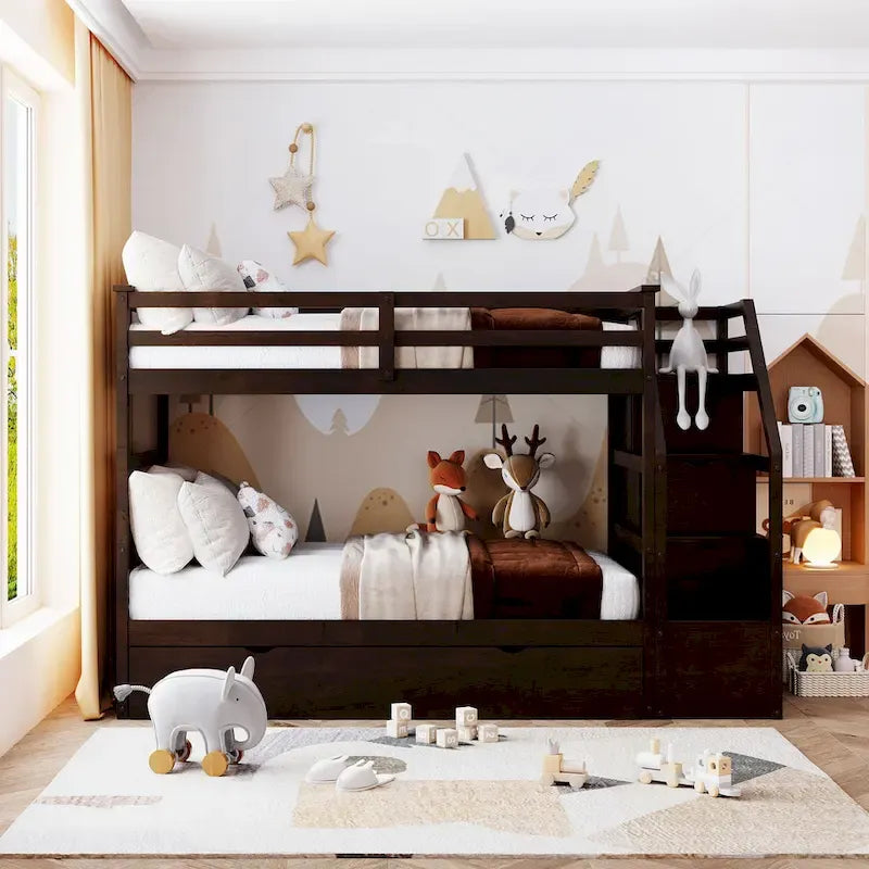 Twin-Over-Twin Bunk Bed with Trundle and Storage Stairs - Espresso
