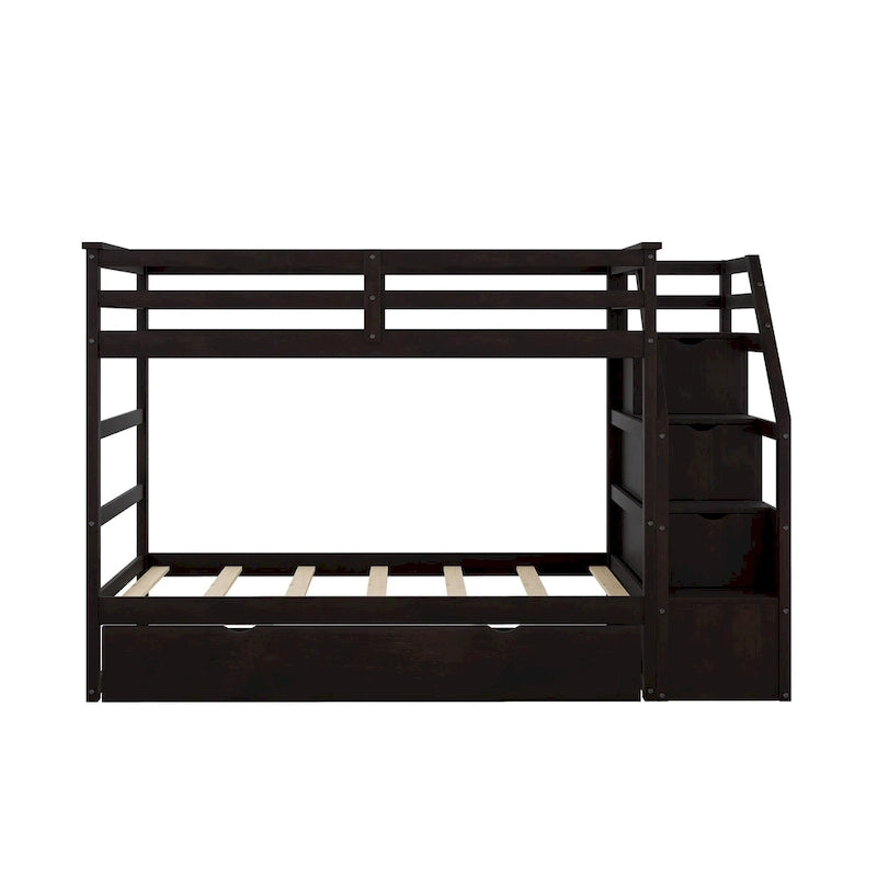 Twin-Over-Twin Bunk Bed with Trundle and Storage Stairs - Espresso