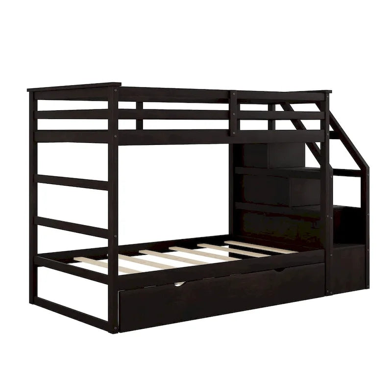 Twin-Over-Twin Bunk Bed with Trundle and Storage Stairs - Espresso