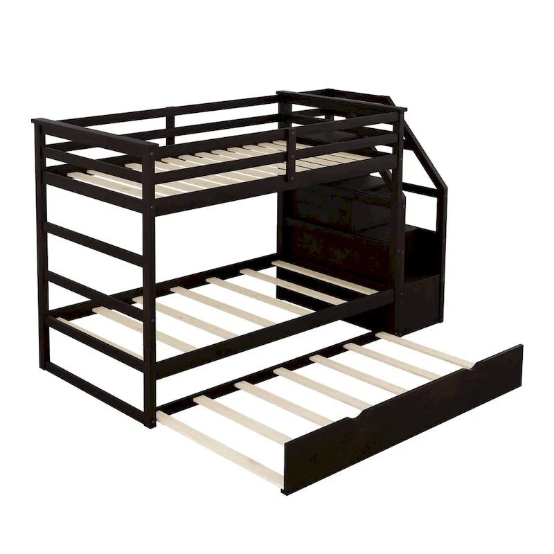 Twin-Over-Twin Bunk Bed with Trundle and Storage Stairs - Espresso