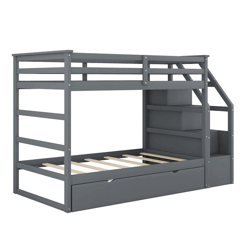 Twin-Over-Twin Bunk Bed with Trundle and Storage Stairs - Espresso