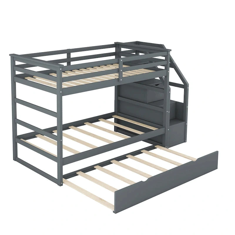 Twin-Over-Twin Bunk Bed with Trundle and Storage Stairs - Espresso