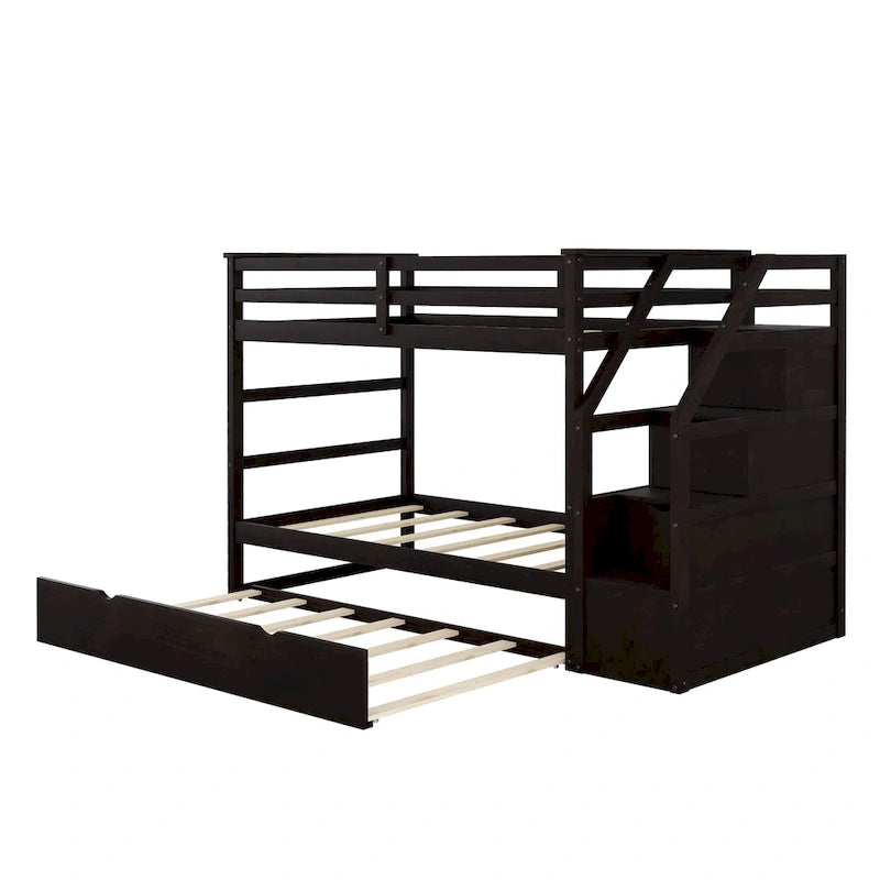 Twin-Over-Twin Bunk Bed with Trundle and Storage Stairs - Espresso