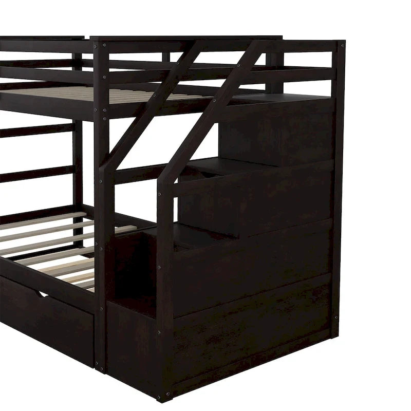 Twin-Over-Twin Bunk Bed with Trundle and Storage Stairs - Espresso