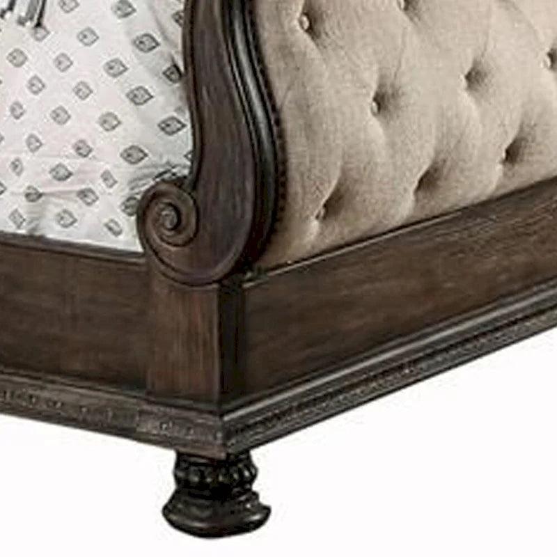 California King Bed with Sleigh Headboard and Footboard, Brown and Beige
