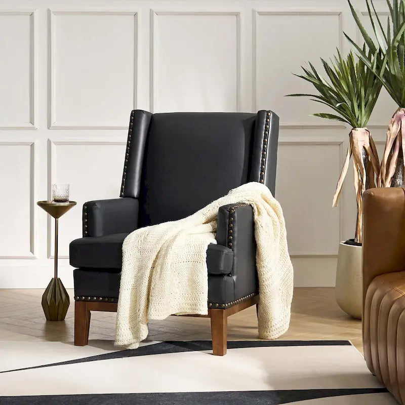 Lourdes Genuine Leather Armchair with Solid Wood Frame and Removable Seat Cushion by HULALA HOME