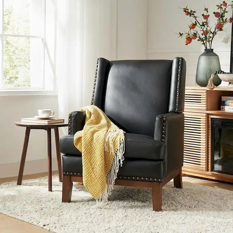 Lourdes Genuine Leather Armchair with Solid Wood Frame and Removable Seat Cushion by HULALA HOME