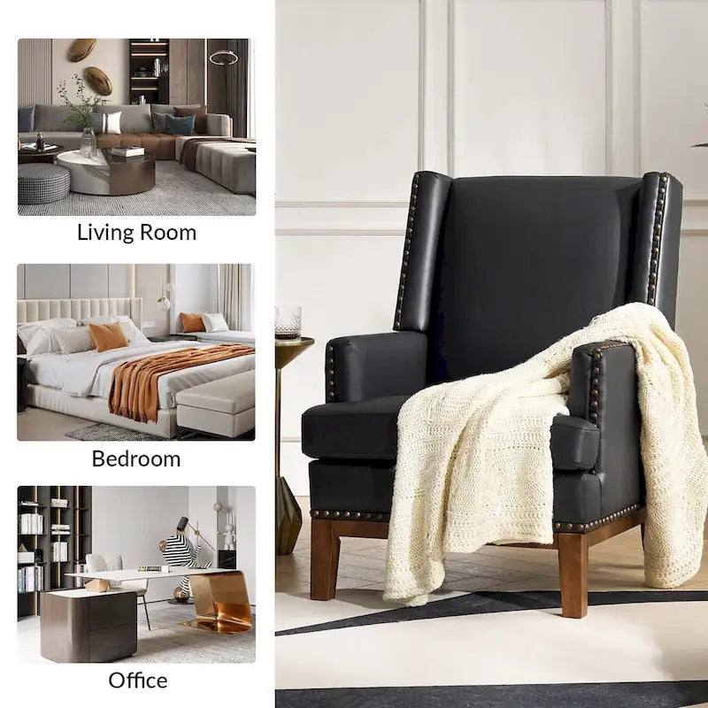 Lourdes Genuine Leather Armchair with Solid Wood Frame and Removable Seat Cushion by HULALA HOME