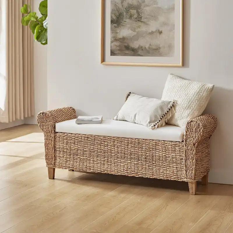Woven Storage Bench with Carved Design - Natural, Multi-Person