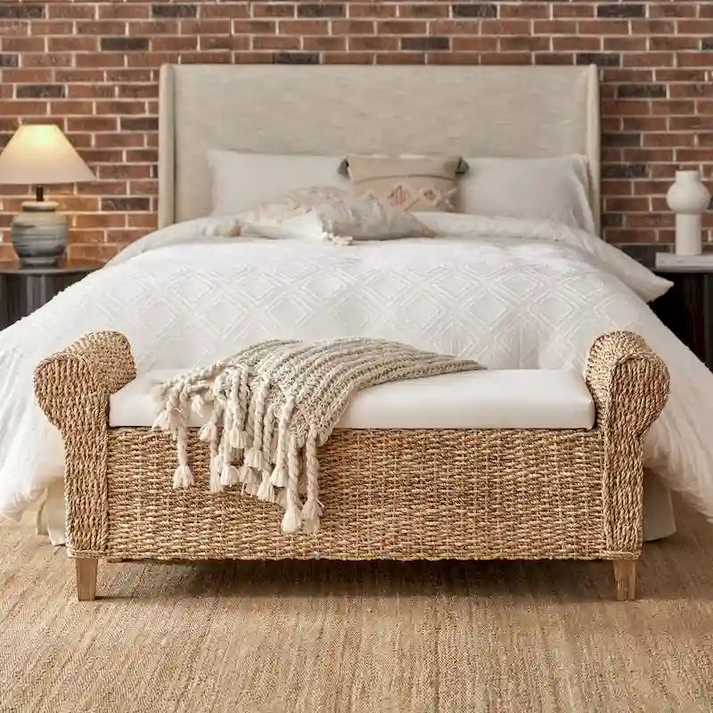 Woven Storage Bench with Carved Design - Natural, Multi-Person