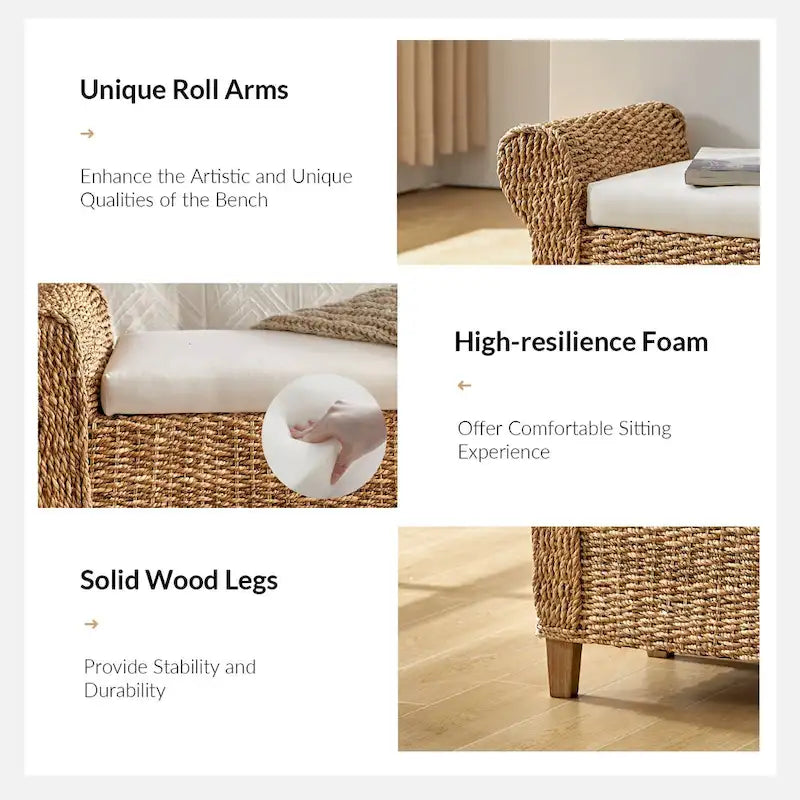 Woven Storage Bench with Carved Design - Natural, Multi-Person