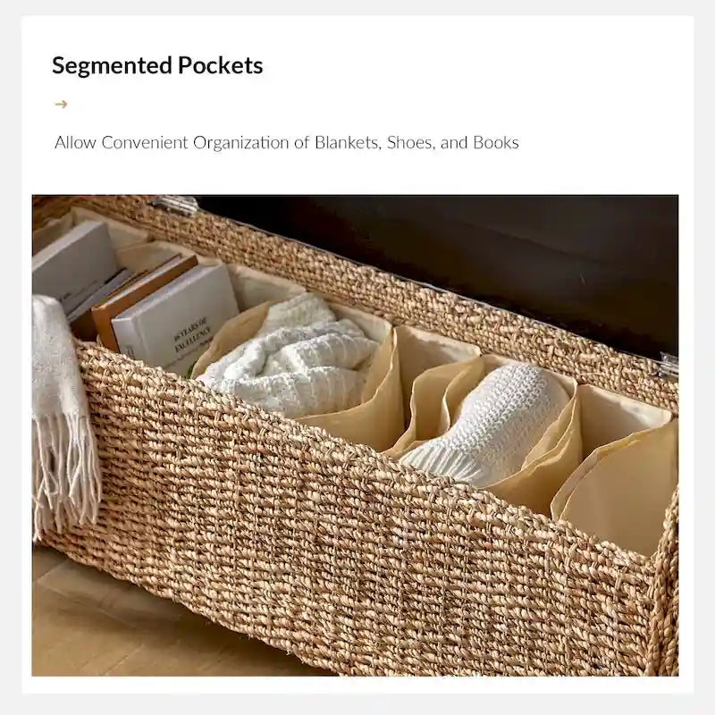 Woven Storage Bench with Carved Design - Natural, Multi-Person