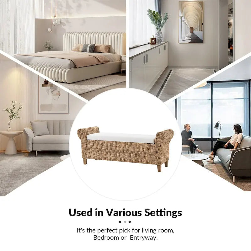 Woven Storage Bench with Carved Design - Natural, Multi-Person