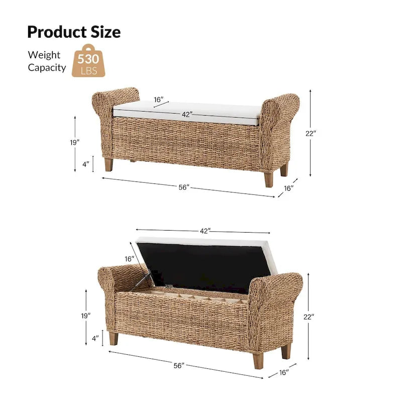 Woven Storage Bench with Carved Design - Natural, Multi-Person