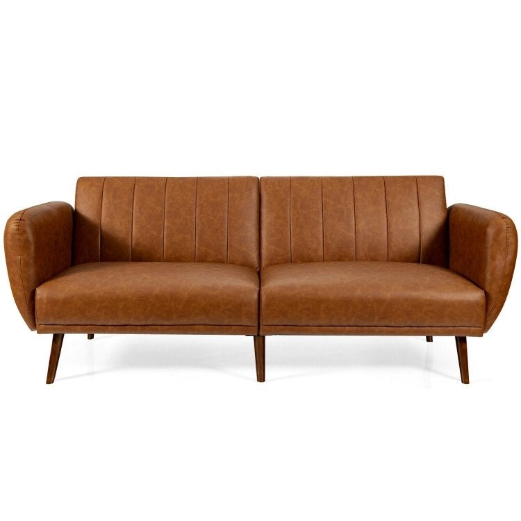Convertible Futon Sofa Bed PU Leather Adjustable Couch Sleeper with Wood Legs - 81 x 33.5 x 31.5 (L x W x H)