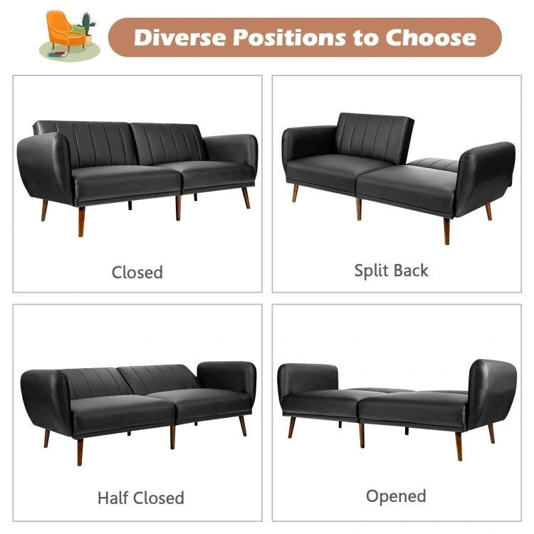Convertible Futon Sofa Bed PU Leather Adjustable Couch Sleeper with Wood Legs - 81 x 33.5 x 31.5 (L x W x H)
