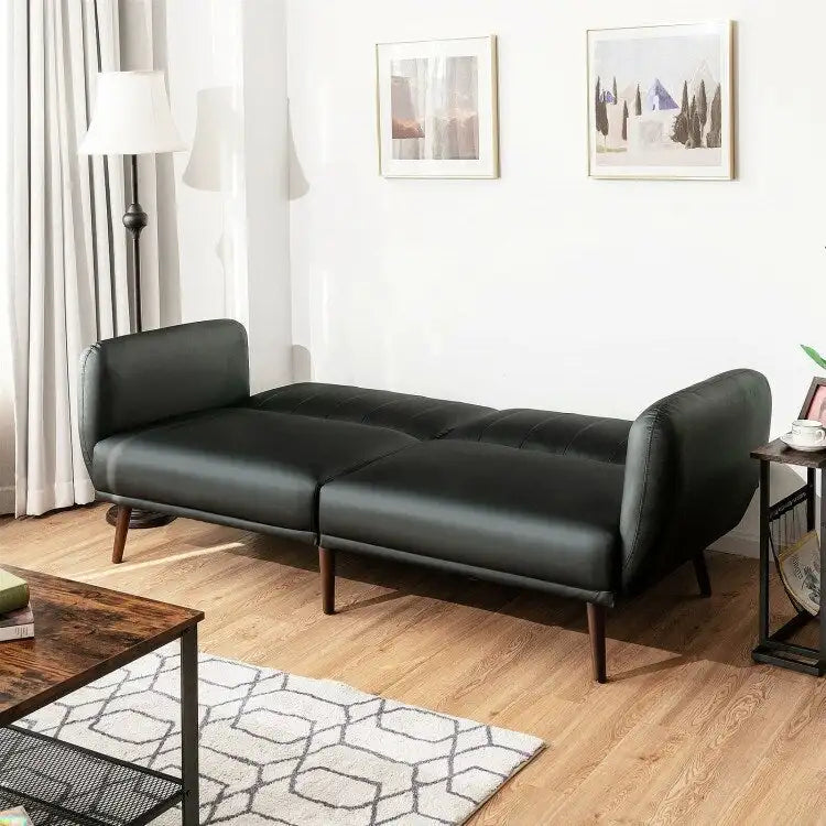 Convertible Futon Sofa Bed PU Leather Adjustable Couch Sleeper with Wood Legs - 81 x 33.5 x 31.5 (L x W x H)