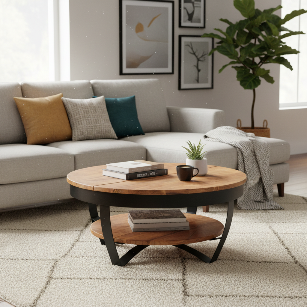 Brown Wood Coffee Table - Round Industrial Style for Living Room