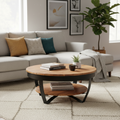 Brown Wood Coffee Table - Round Industrial Style for Living Room