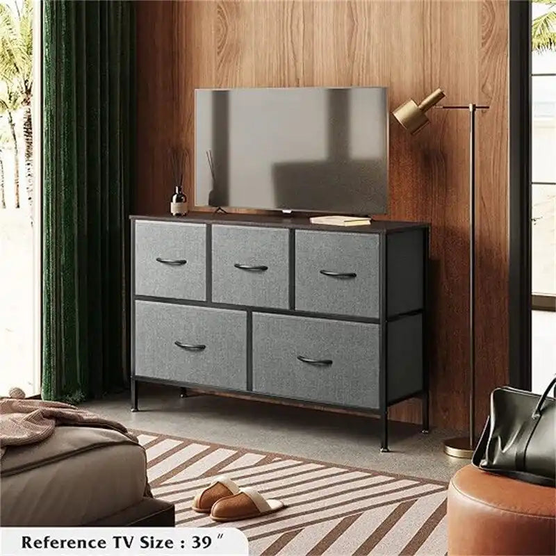 Dresser with Fabric Drawers - Brown/Black/White/Grey, 5-Drawer