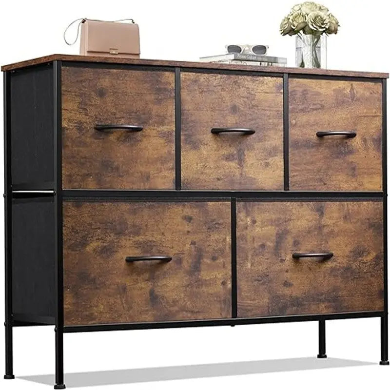 Dresser with Fabric Drawers - Brown/Black/White/Grey, 5-Drawer