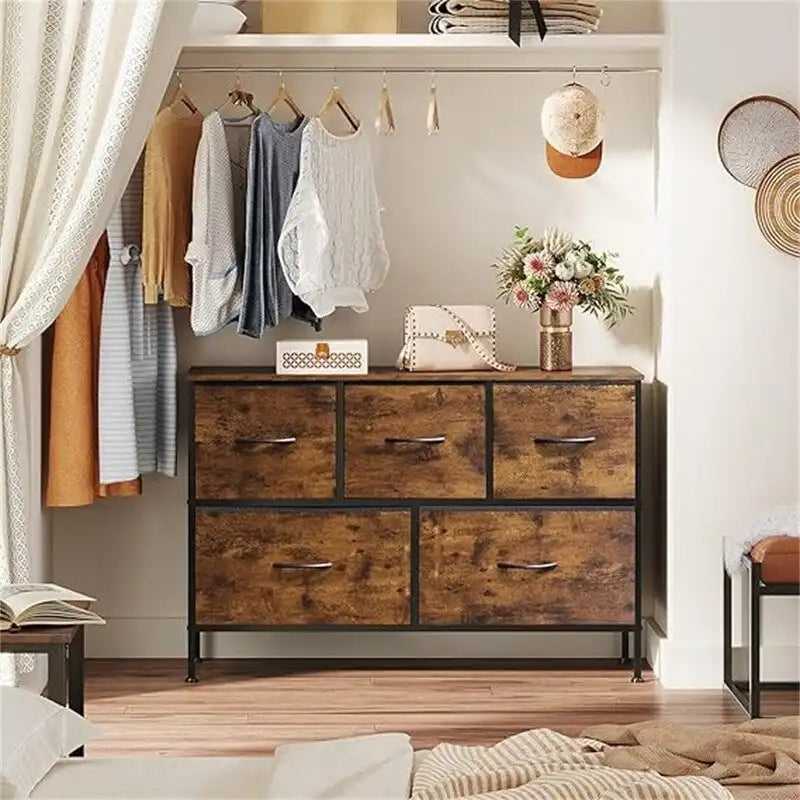 Dresser with Fabric Drawers - Brown/Black/White/Grey, 5-Drawer