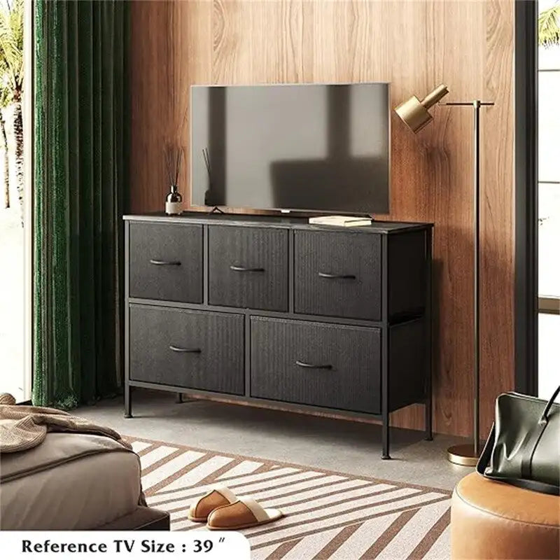 Dresser with Fabric Drawers - Brown/Black/White/Grey, 5-Drawer