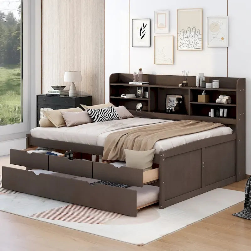 Captain Bed with Storage and Trundle - Grey/White/Walnut, Full Size