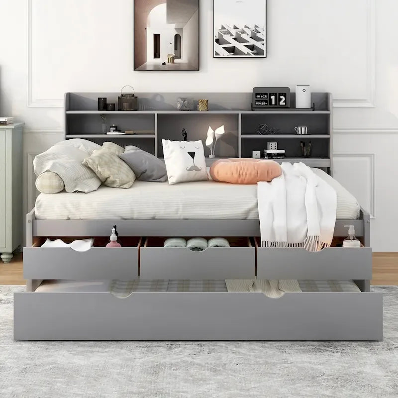 Captain Bed with Storage and Trundle - Grey/White/Walnut, Full Size