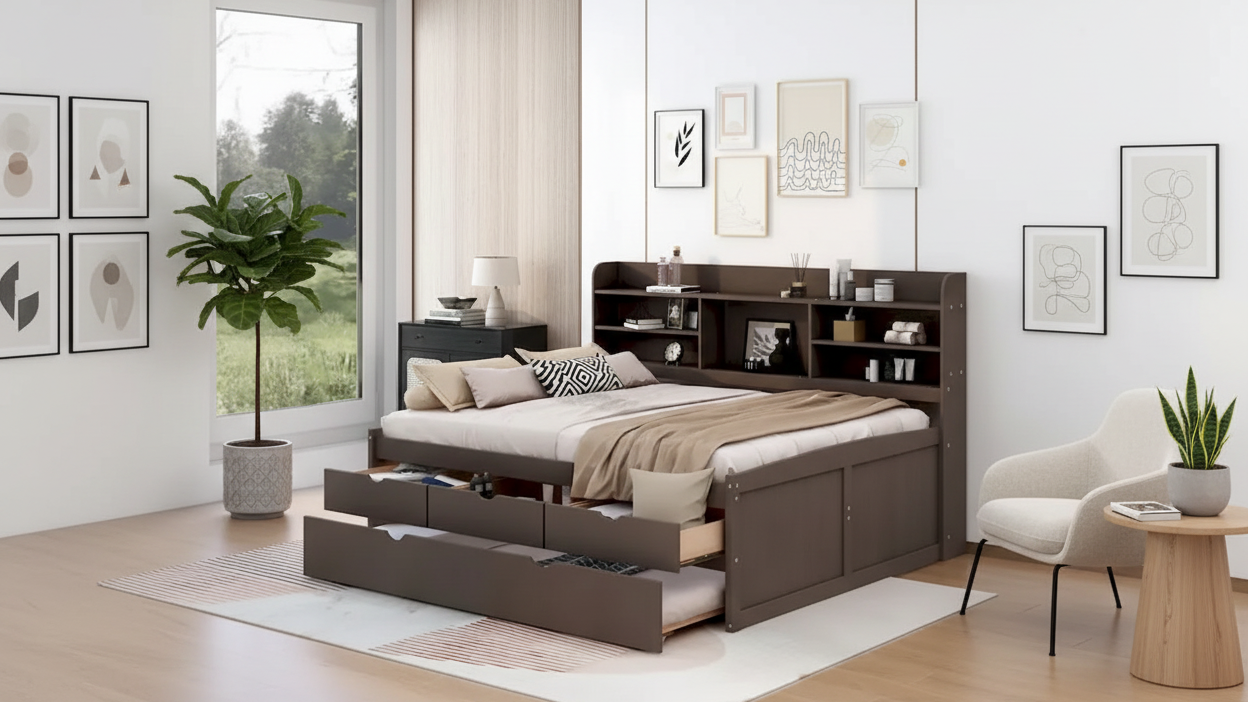 Captain Bed with Storage and Trundle - Grey/White/Walnut, Full Size