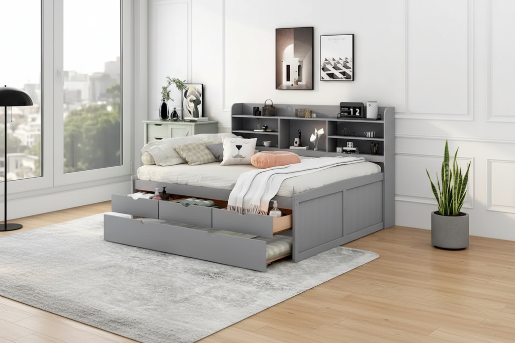 Captain Bed with Storage and Trundle - Grey/White/Walnut, Full Size