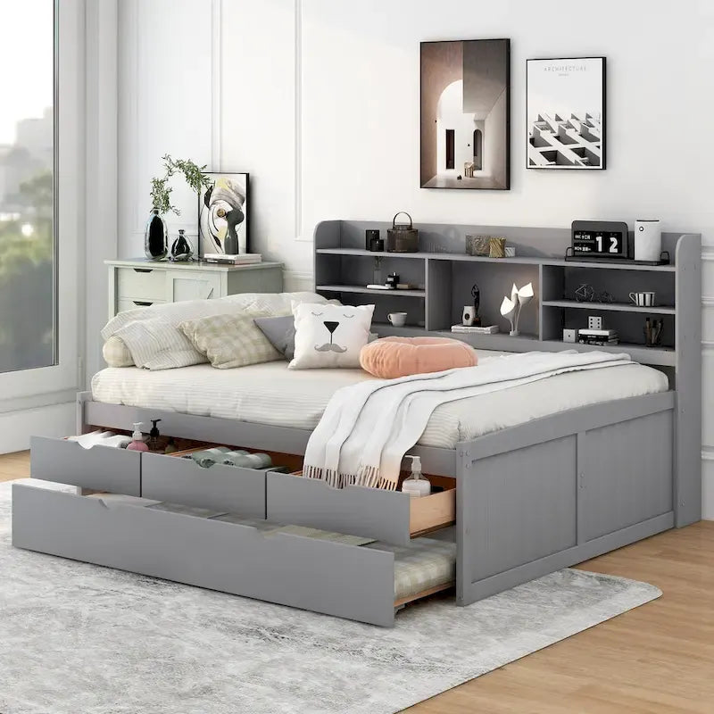 Captain Bed with Storage and Trundle - Grey/White/Walnut, Full Size