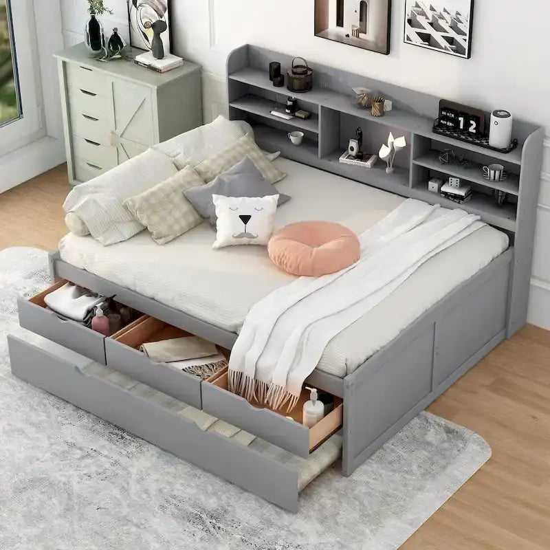 Captain Bed with Storage and Trundle - Grey/White/Walnut, Full Size