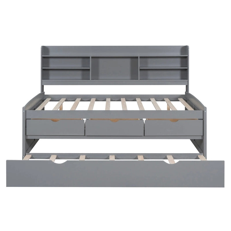 Captain Bed with Storage and Trundle - Grey/White/Walnut, Full Size