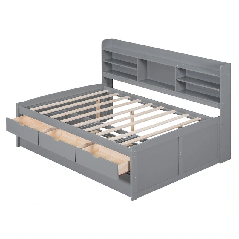 Captain Bed with Storage and Trundle - Grey/White/Walnut, Full Size