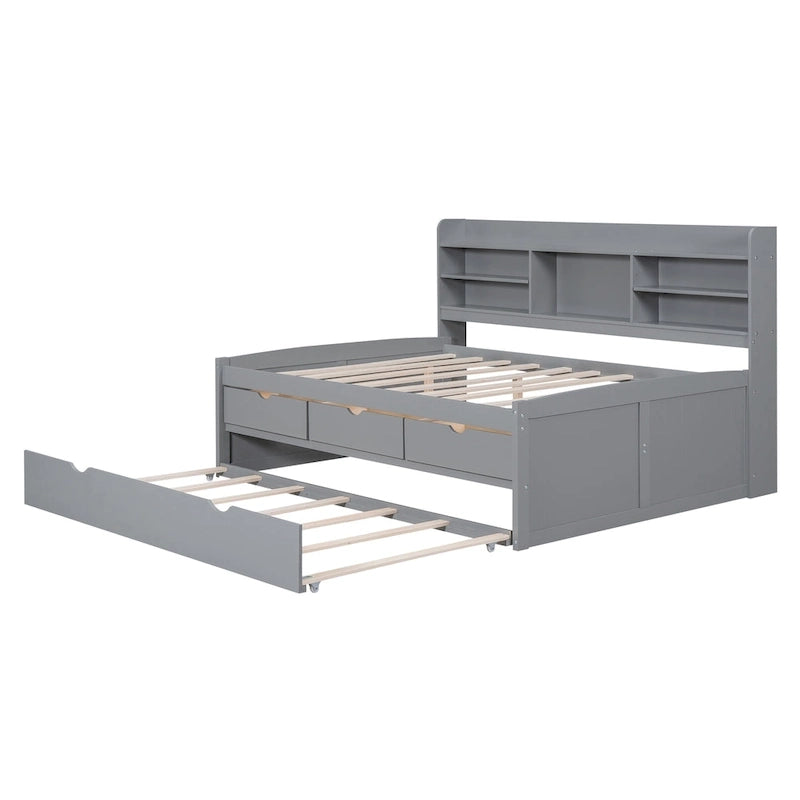 Captain Bed with Storage and Trundle - Grey/White/Walnut, Full Size