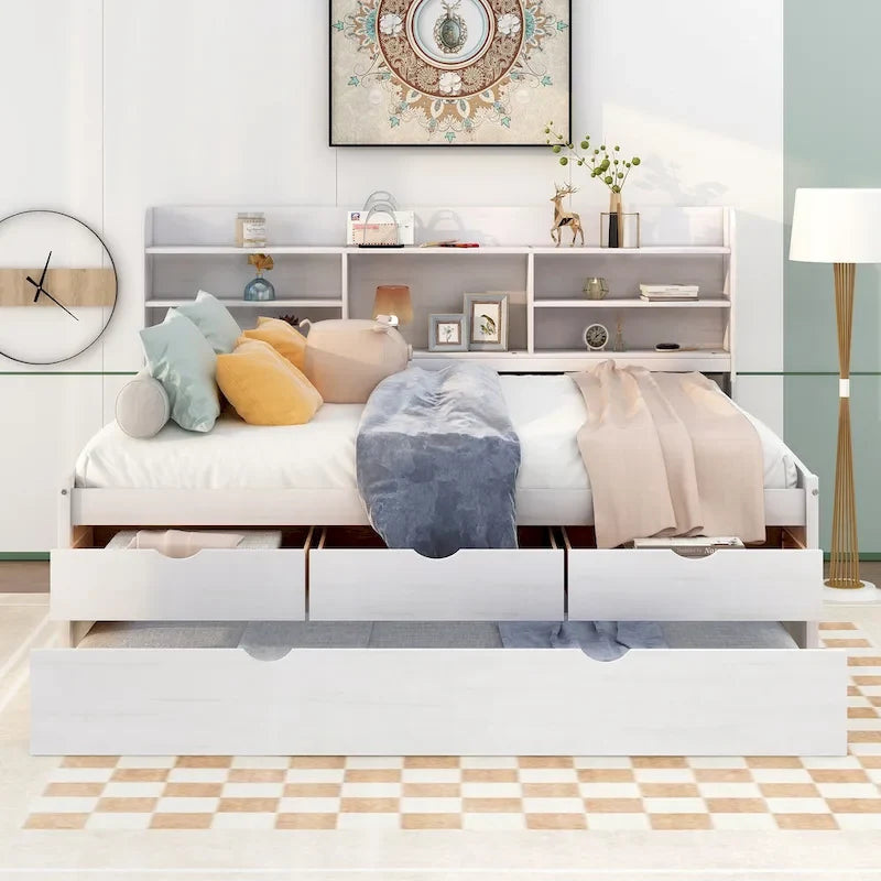 Captain Bed with Storage and Trundle - Grey/White/Walnut, Full Size