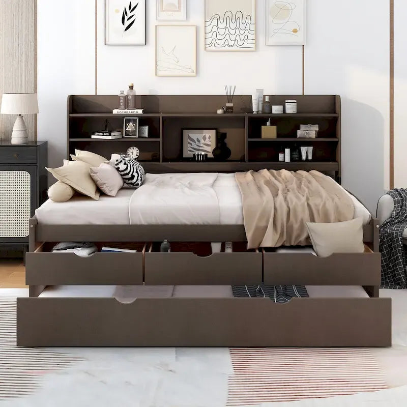 Captain Bed with Storage and Trundle - Grey/White/Walnut, Full Size