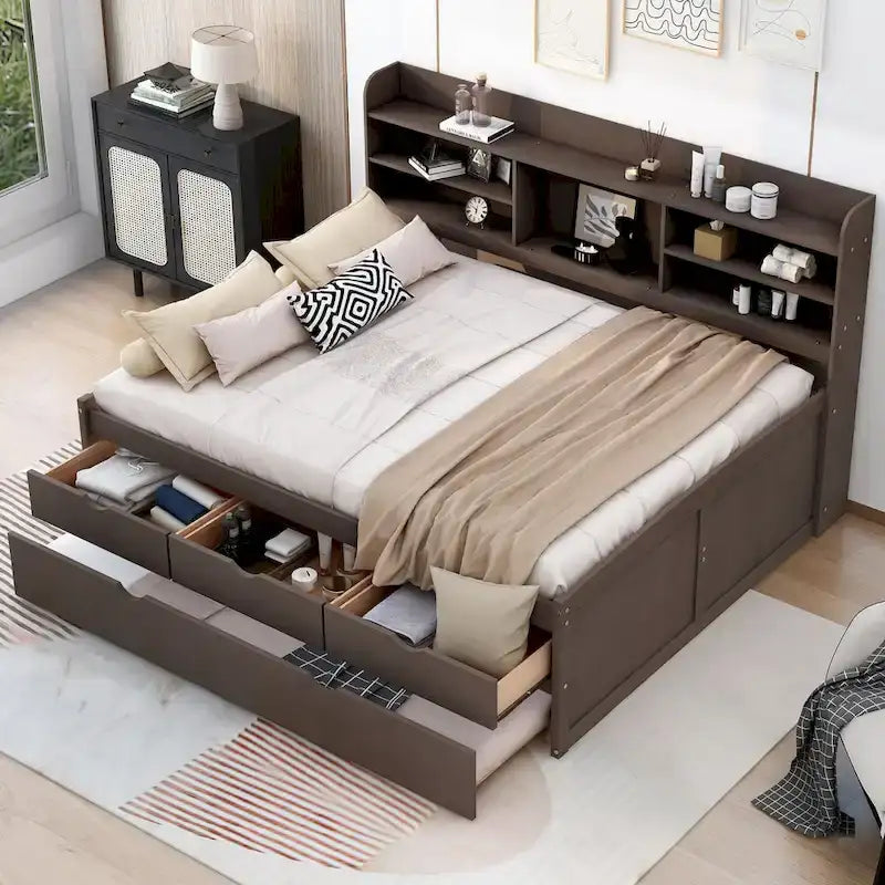 Captain Bed with Storage and Trundle - Grey/White/Walnut, Full Size