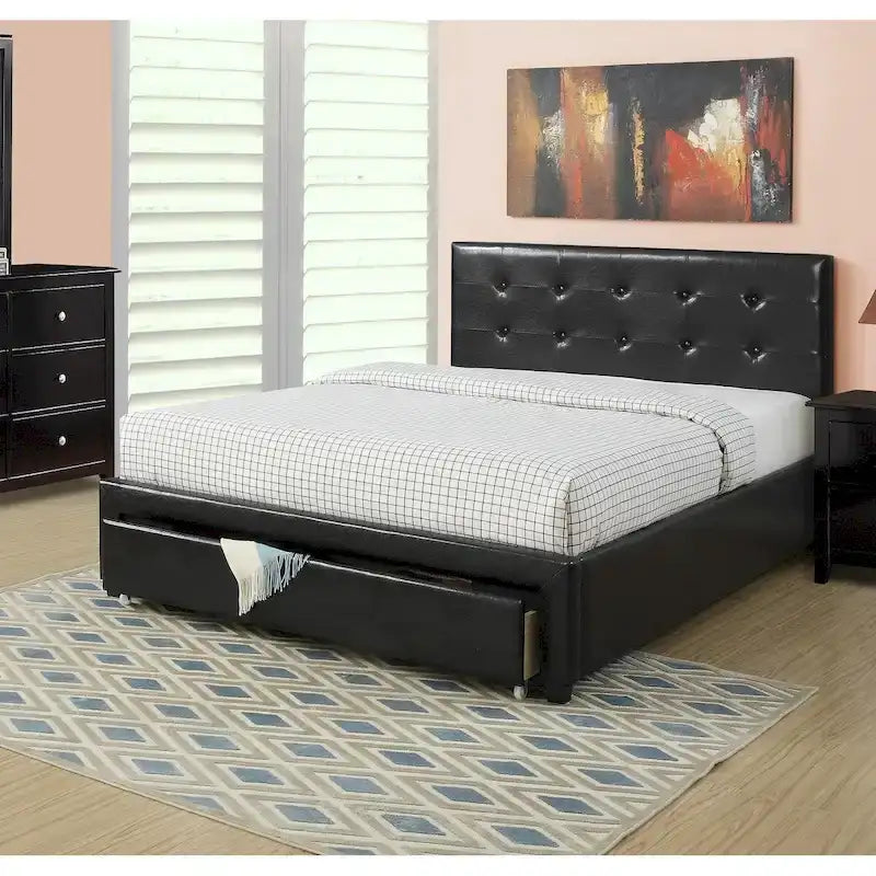 Queen Bed with Storage Drawers - White/Black Faux Leather