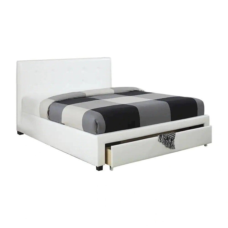 Queen Bed with Storage Drawers - White/Black Faux Leather