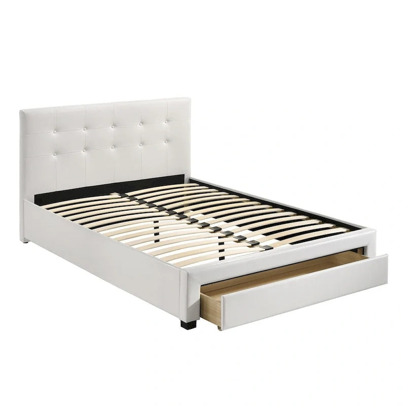 Queen Bed with Storage Drawers - White/Black Faux Leather