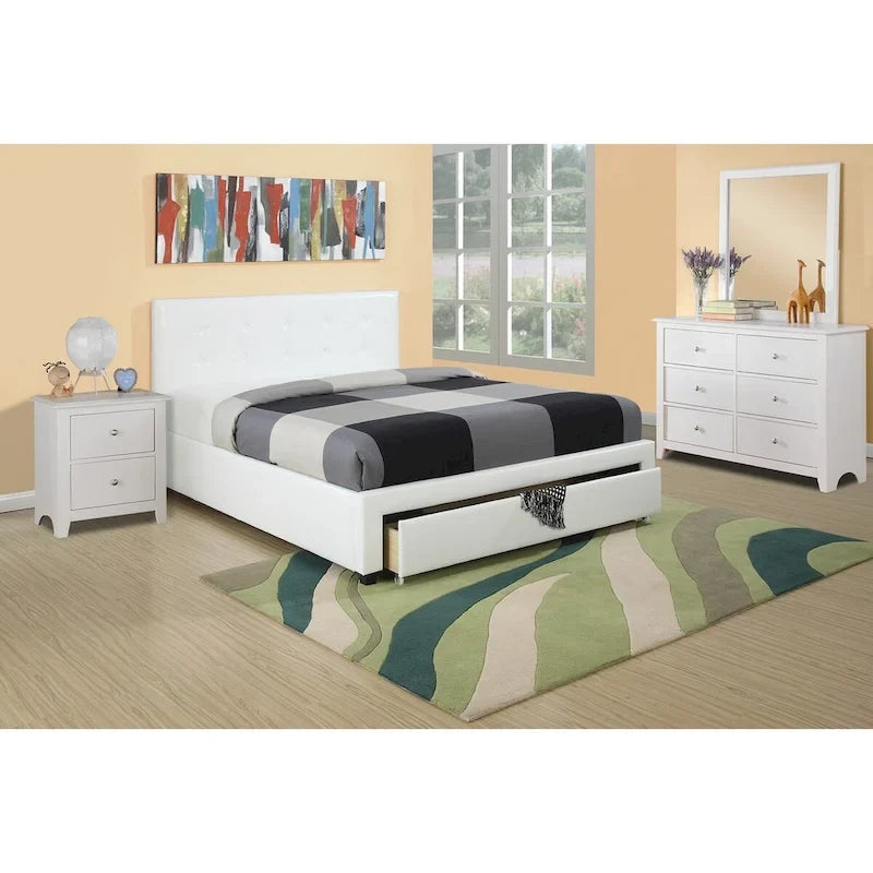 Queen Bed with Storage Drawers - White/Black Faux Leather