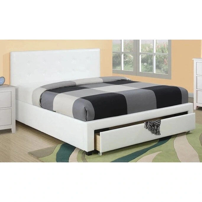 Queen Bed with Storage Drawers - White/Black Faux Leather