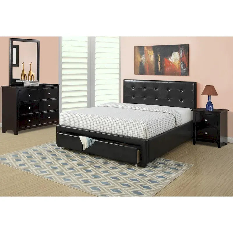Queen Bed with Storage Drawers - White/Black Faux Leather