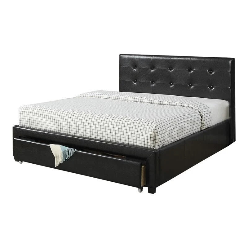 Queen Bed with Storage Drawers - White/Black Faux Leather