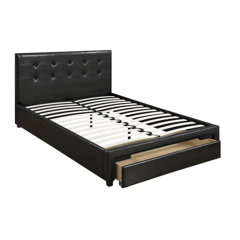 Queen Bed with Storage Drawers - White/Black Faux Leather