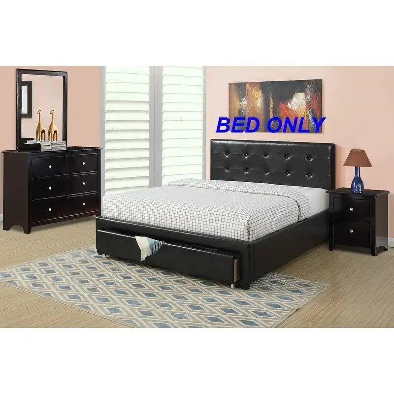 Queen Bed with Storage Drawers - White/Black Faux Leather