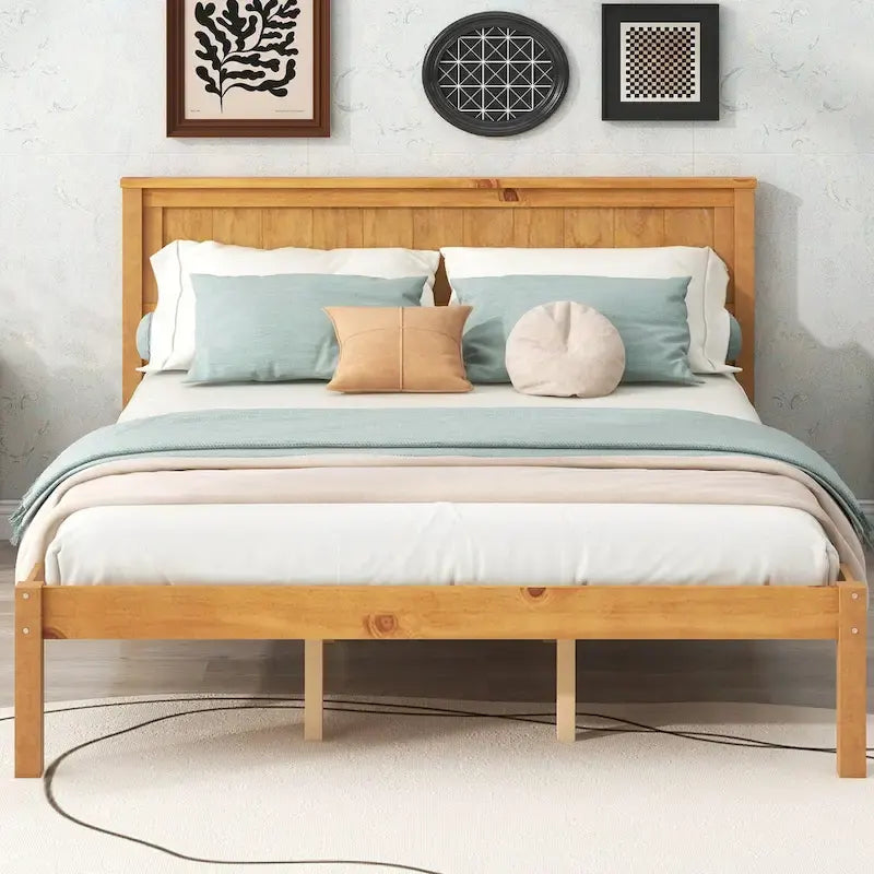 Platform Bed Frame with Headboard Wood Slat Support